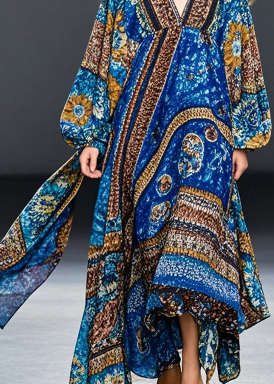 Bohemian Blue Oversized Print Cotton Maxi Dresses Fall