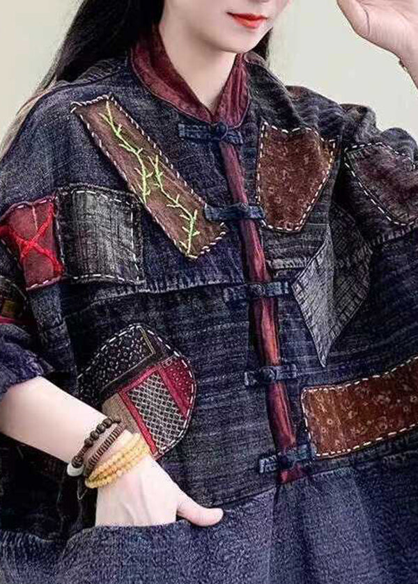 Bohemian Blue Patch Pockets Oriental Button Cotton Jackets Spring