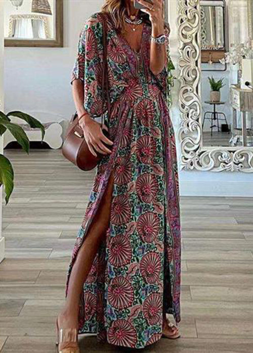 Bohemian Blue Print Side Open Cotton Beach Dress Summer