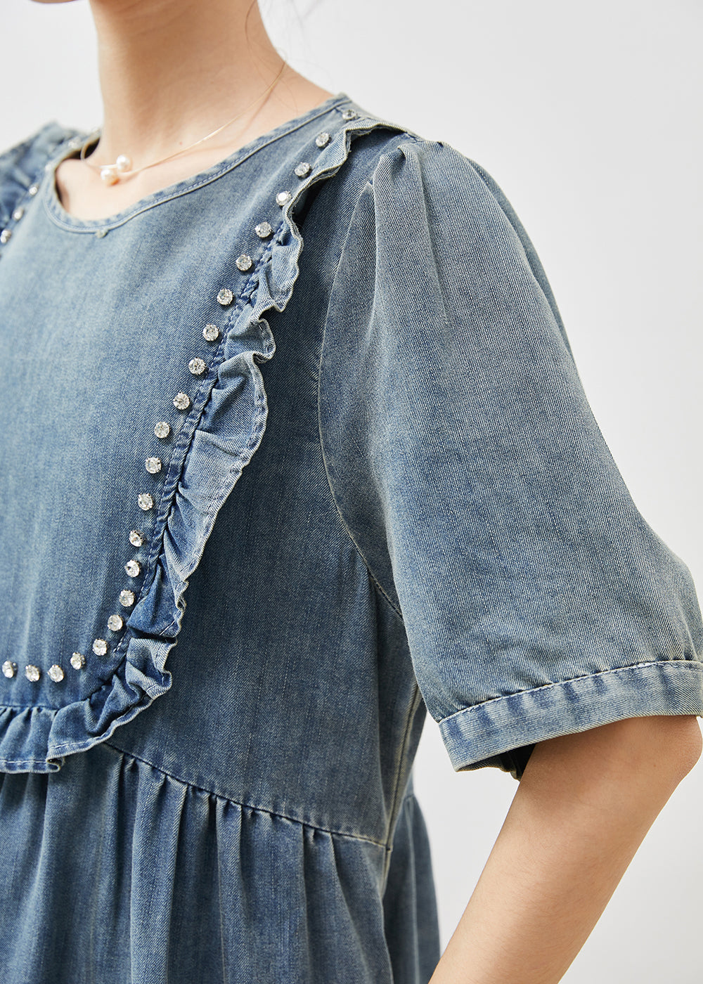 Bohemian Blue Ruffled Nail Bead Denim Dresses Summer