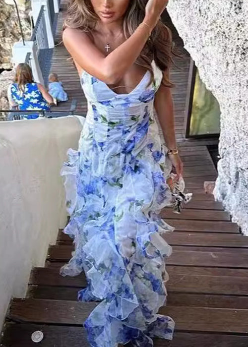 Bohemian Blue Ruffled Print Tulle Spaghetti Strap Dress Sleeveless