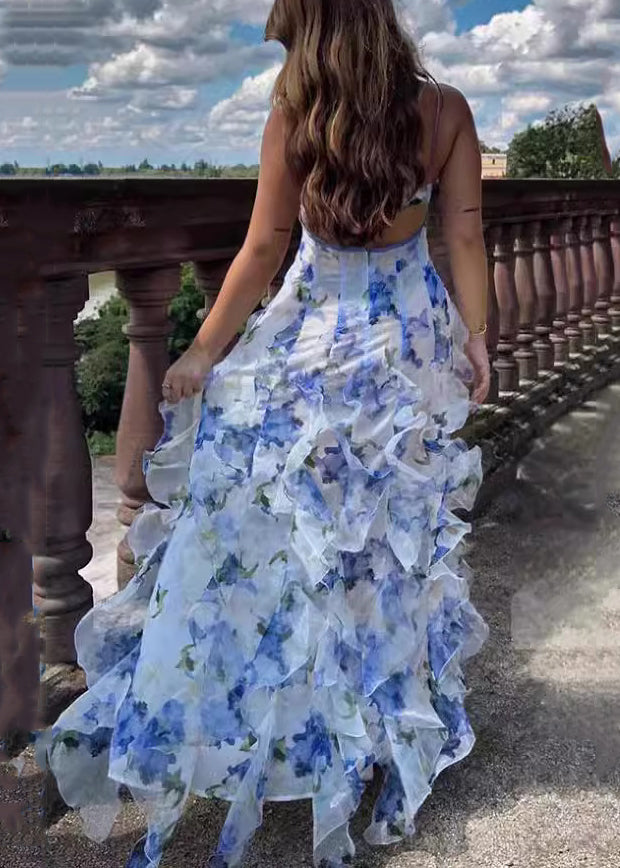 Bohemian Blue Ruffled Print Tulle Spaghetti Strap Dress Sleeveless