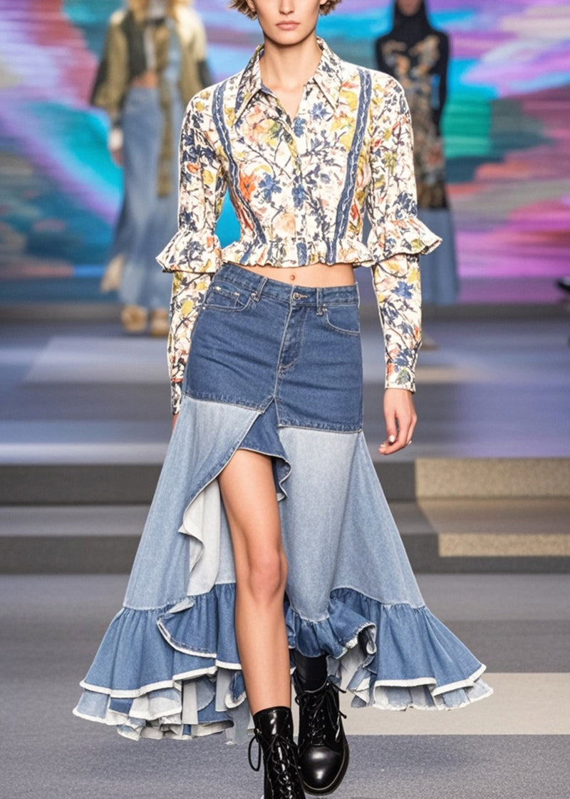 Bohemian Blue Ruffles Patchwork Side Open Denim Skirts Spring