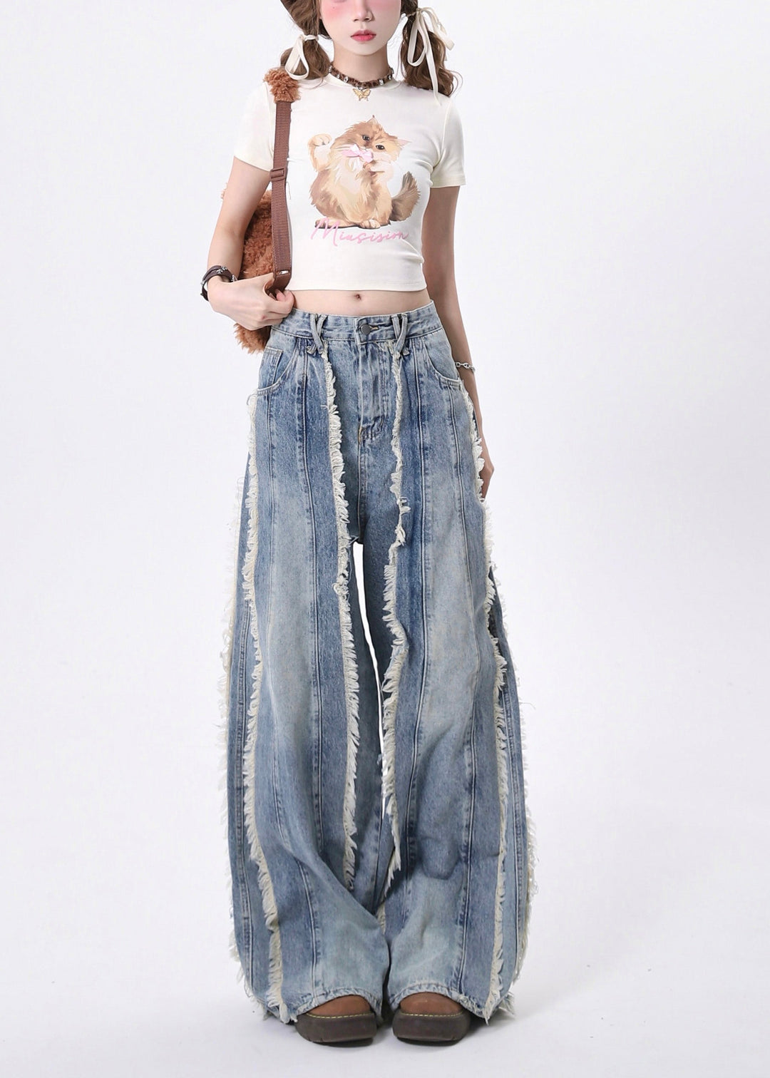 Bohemian Blue Tasseled Patchwork Denim Straight Pants Spring