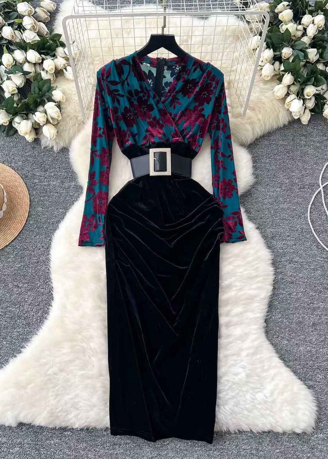 Bohemian Blue V Neck Zippered Patchwork Velour Dress Winter