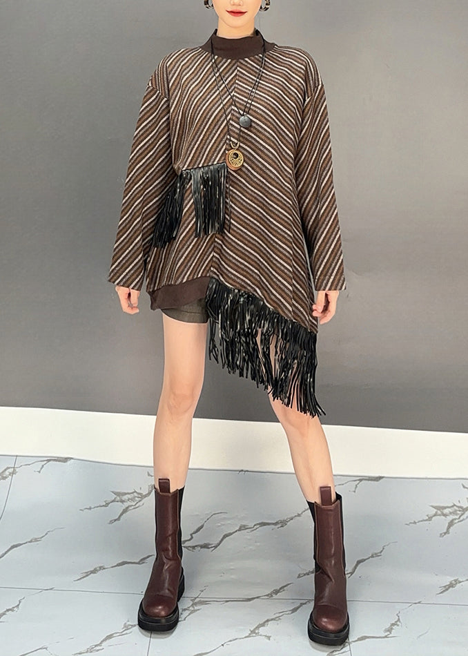 Bohemian Brown O-Neck Asymmetrical Tassel Wool Knit Long Sweater Dress Winter