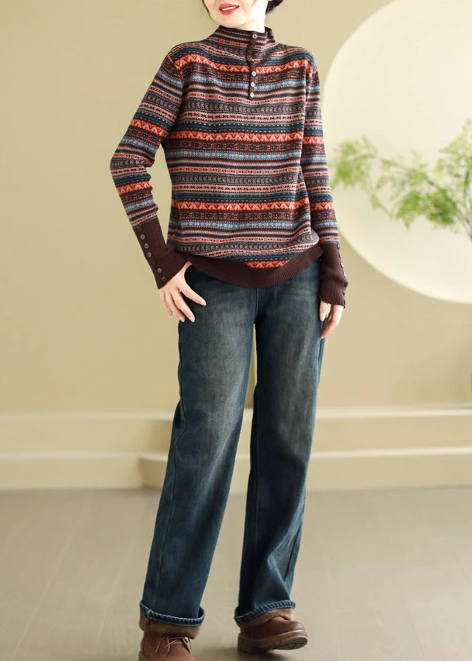 Bohemian Brown Stand Collar Striped Knit Sweaters Spring