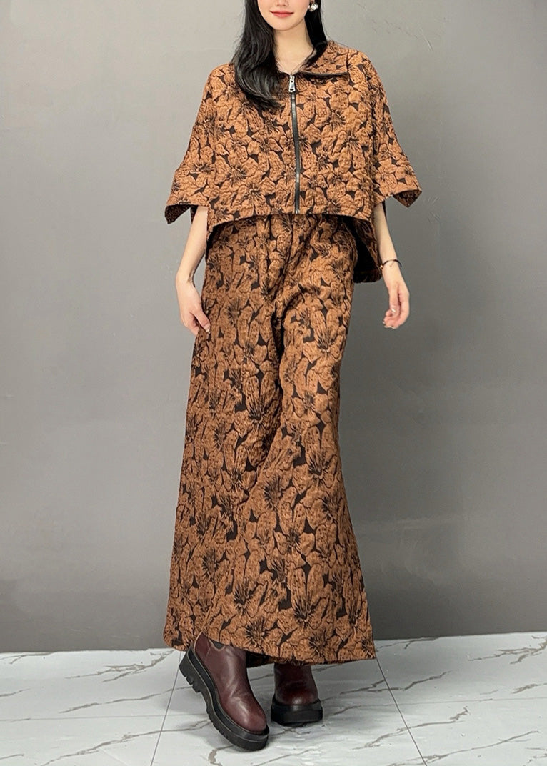 Bohemian Chocolate Print Zippered Top And Wide Leg Pants Two Piece Set Fall