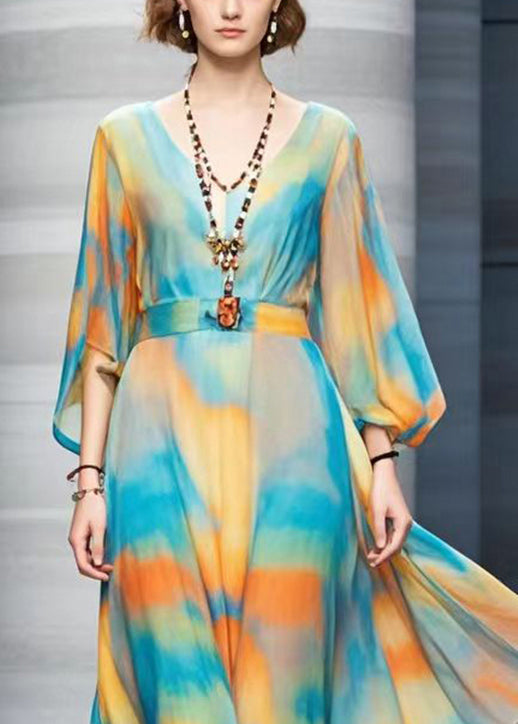 Bohemian Cinched Tie Dye Chiffon Maxi Dresses Fall