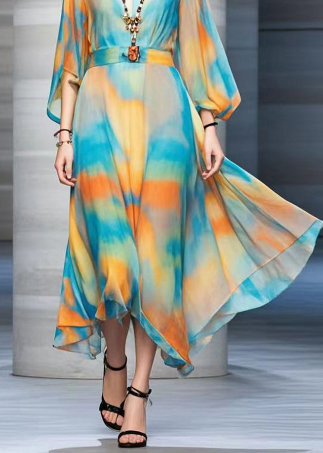 Bohemian Cinched Tie Dye Chiffon Maxi Dresses Fall