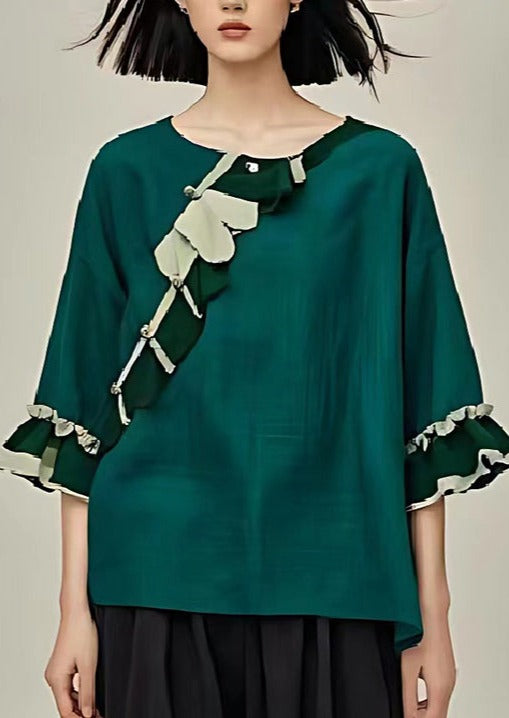 Bohemian Dull Green Oversized Linen Shirt Flare Sleeve