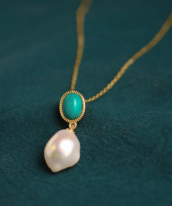 Bohemian Gold Sterling Silver Overgild Turquoise Pearl Pendant Necklace