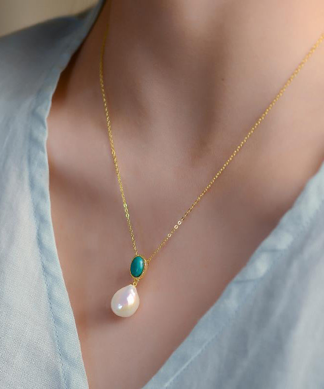 Bohemian Gold Sterling Silver Overgild Turquoise Pearl Pendant Necklace