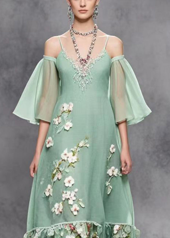 Bohemian Green Cold Shoulder Three-dimensiona Floral Chiffon Dresses Summer