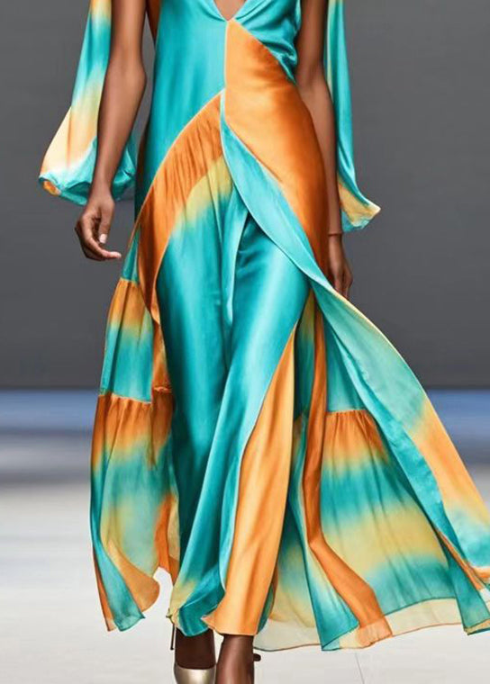 Bohemian Green Deep-V Neck Patchwork Silk Maxi Dresses Butterfly Sleeve