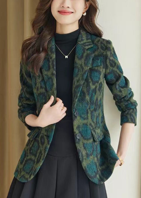 Bohemian Green Leopard Print Woolen Coats Spring