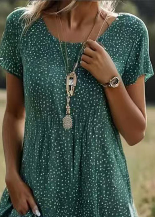 Bohemian Green O Neck Print Cotton Dress Short Sleeve