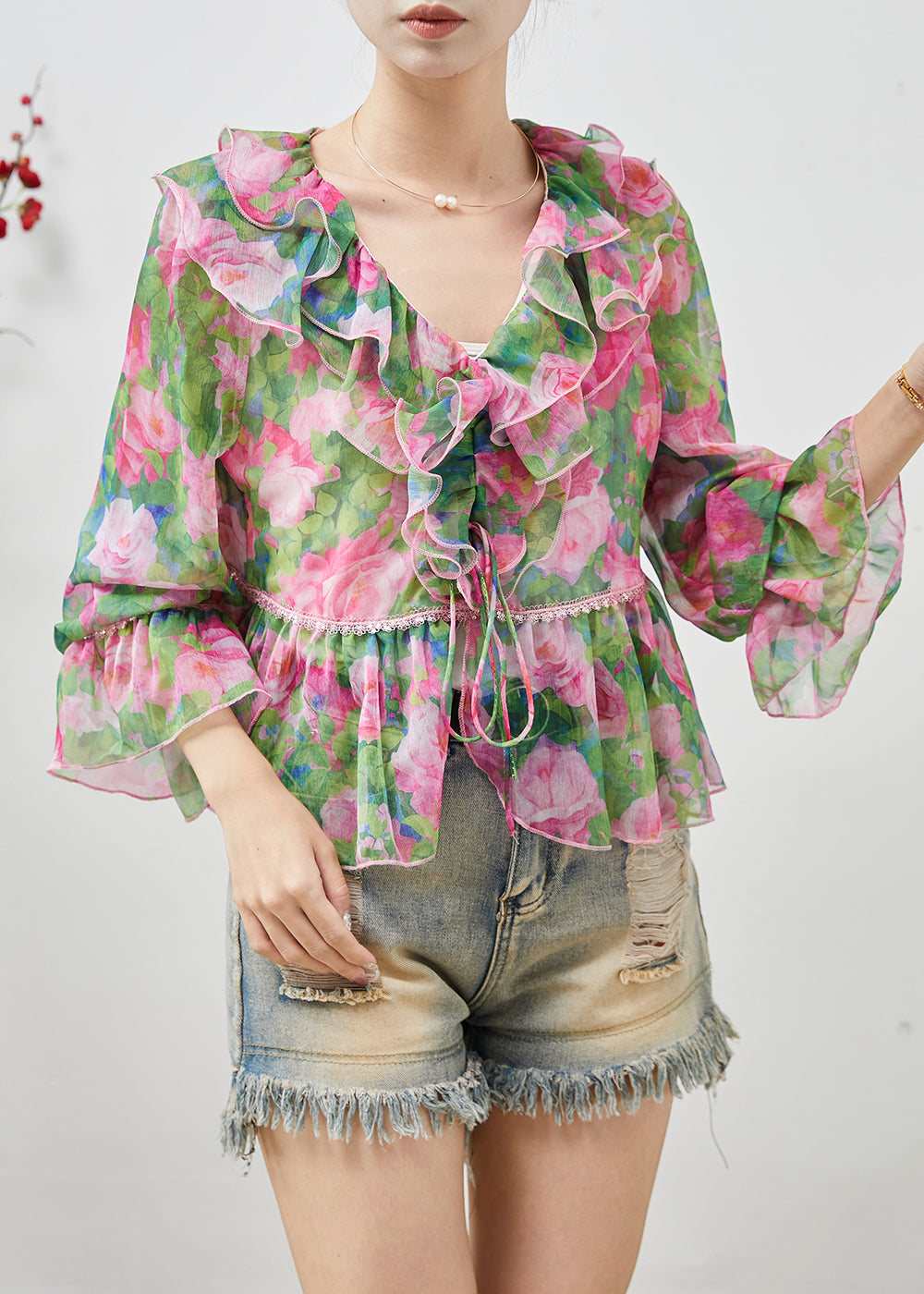 Bohemian Green Ruffled Print Chiffon Shirts Spring