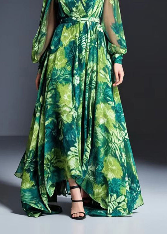 Bohemian Green V Neck Print Chiffon Dresses Fall