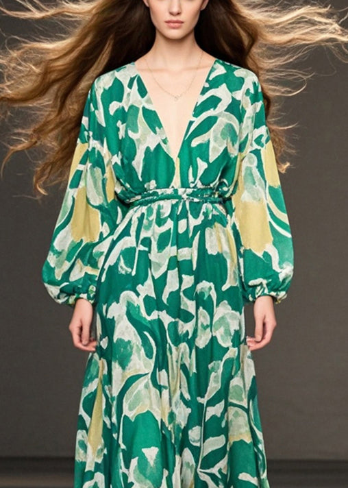 Bohemian Green V Neck Print Chiffon Holiday Dresses Fall