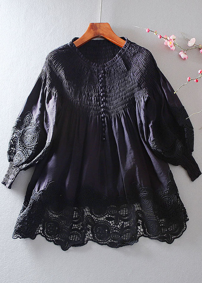 Bohemian Grey Wrinkled Patchwork Lace Shirt Spring