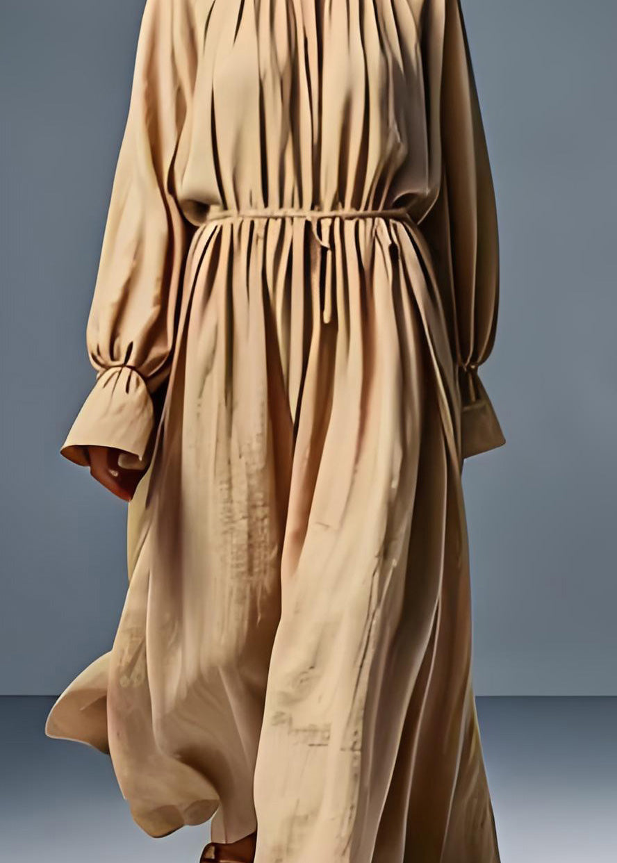 Bohemian Khaki O Neck Wrinkled Plus Size Cotton Dress Long Sleeve