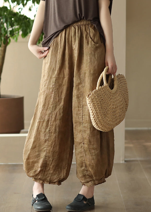 Bohemian Khaki Pockets Elastic Waist Linen Crop Pants Summer