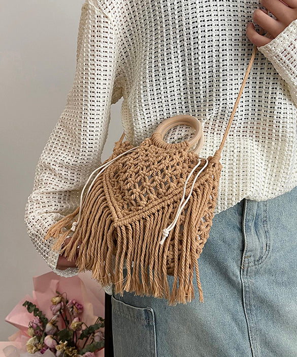 Bohemian Khaki Tassel Hollow Out Woven Crossbody Bag