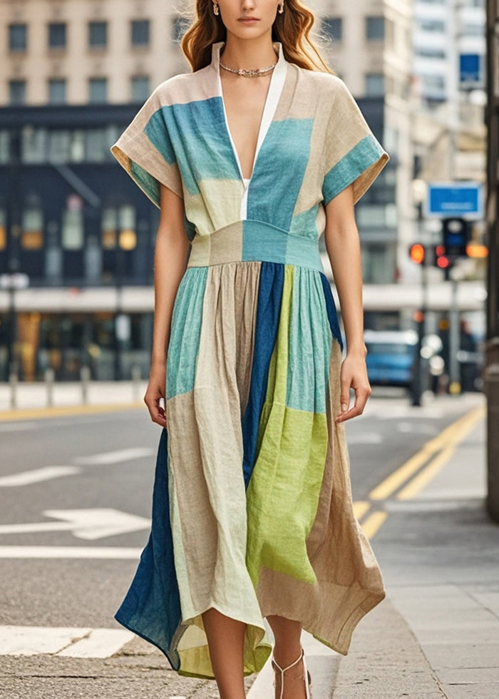 Bohemian Khaki V Neck Print Cotton Robe Dresses Summer