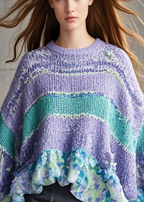 Bohemian Lavender Oversized Patchwork Print Knit Sweaters Batwing Sleeve