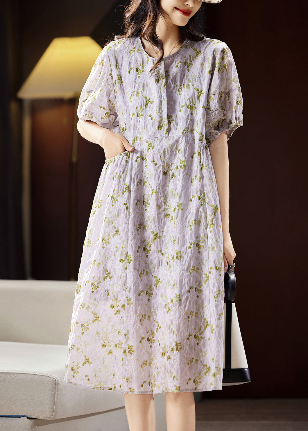 Bohemian Light Purple Print Patchwork Cotton Holiday Long Dress Puff Sleeve