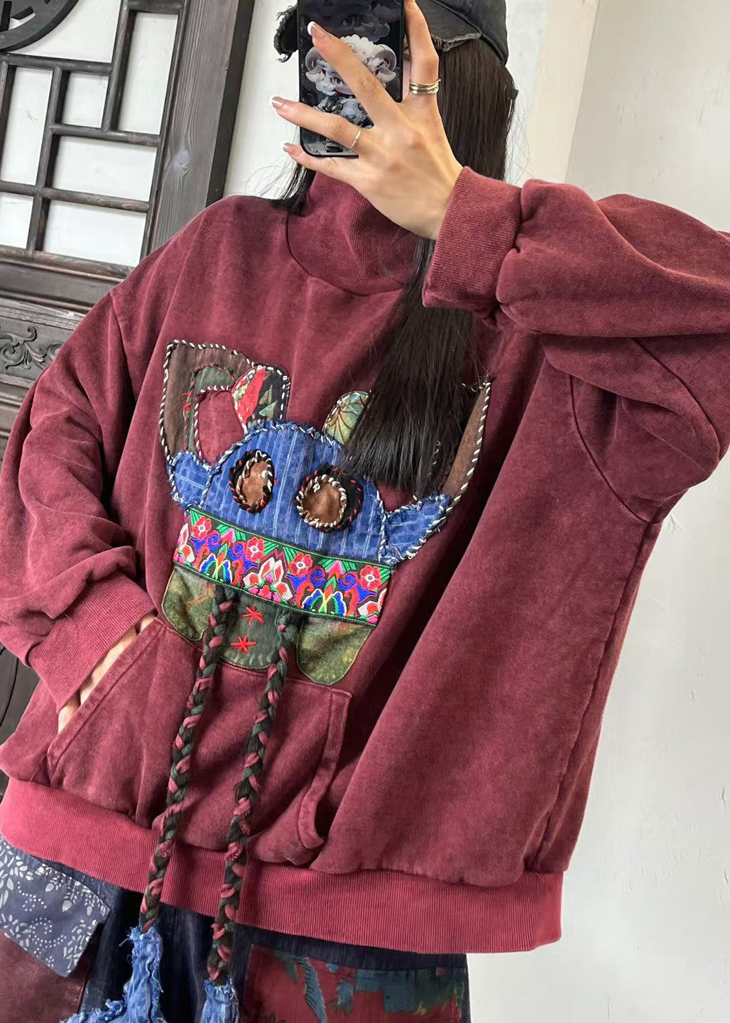 Bohemian Mulberry Hign Neck Embroidered Cotton Sweatshirts Spring