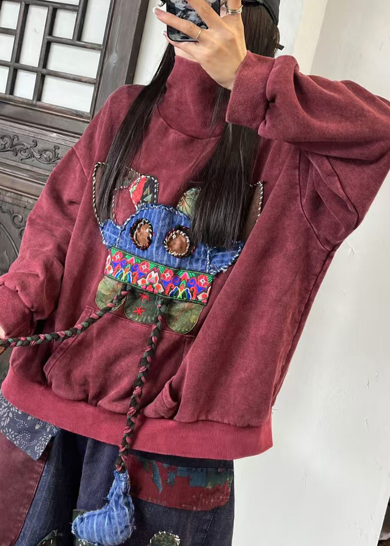 Bohemian Mulberry Hign Neck Embroidered Cotton Sweatshirts Spring