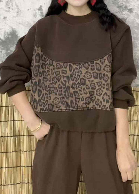 Bohemian Mulberry O Neck Leopar Patchwork Warm Fleece Top Winter