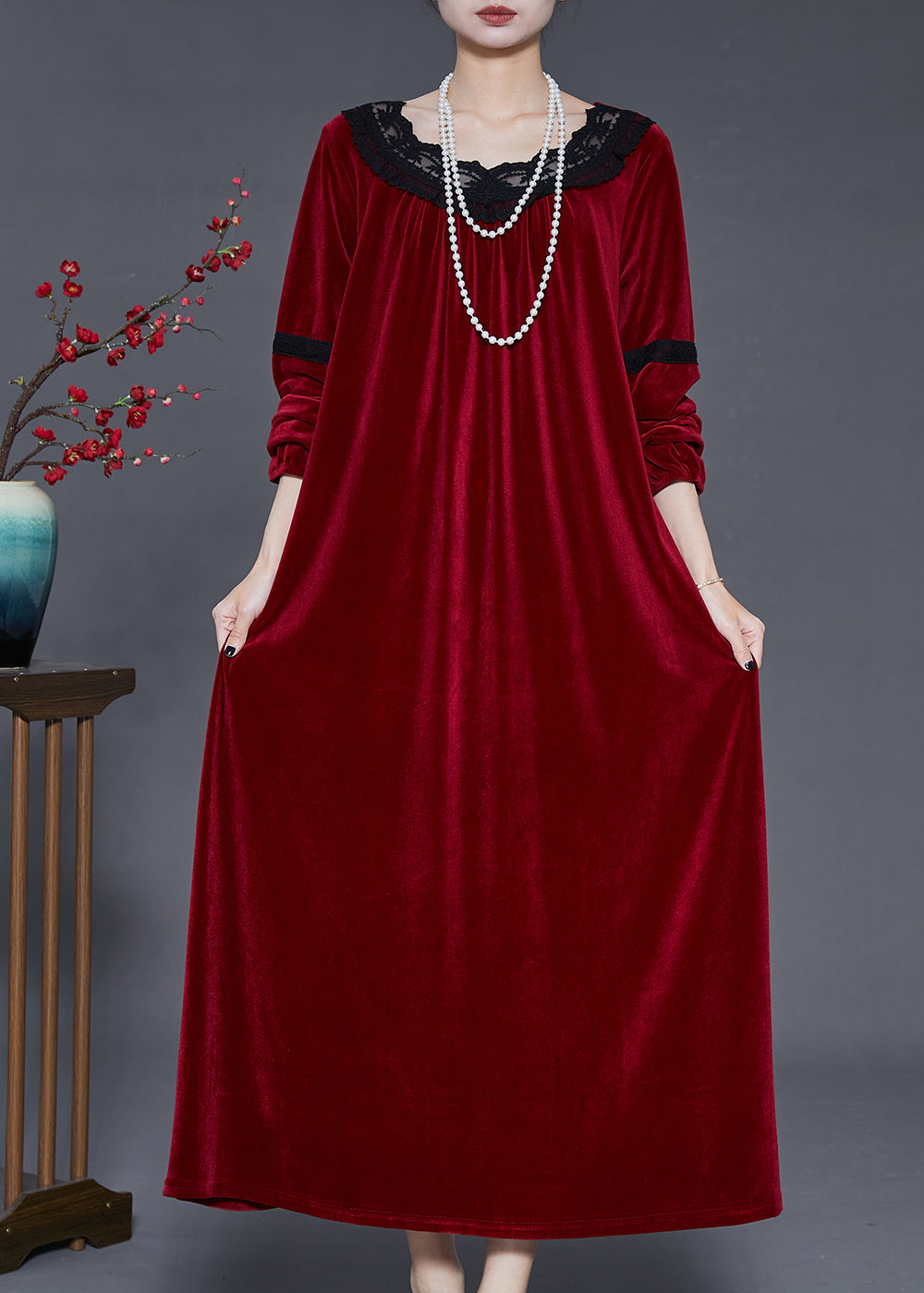 Bohemian Mulberry Oversized Patchwork Lace Silk Velvet Dress Fall