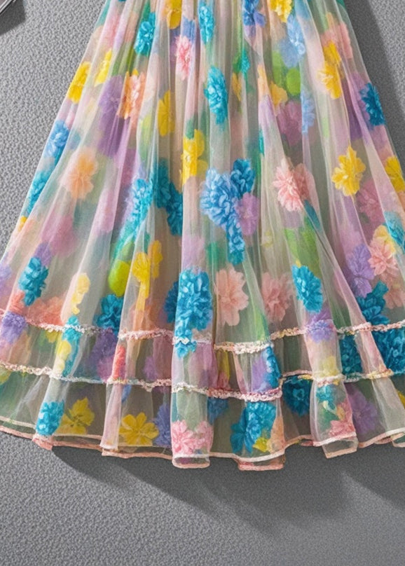 Bohemian Multicolor Floral Print Tulle Beach Skirt Summer