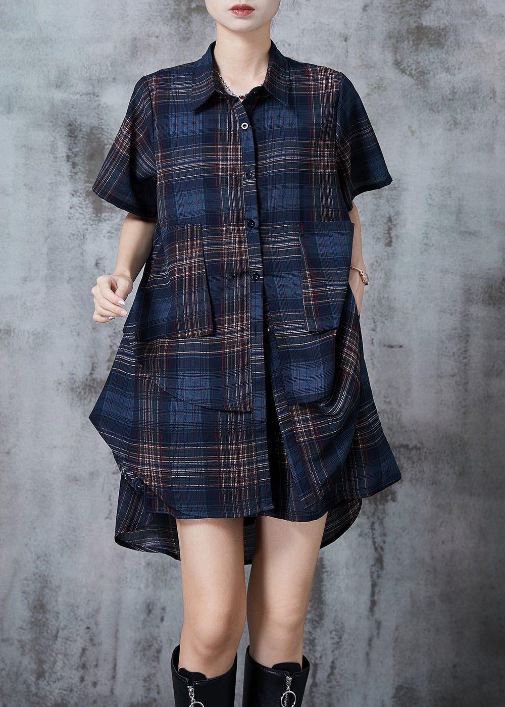 Bohemian Navy Oversized Plaid Chiffon Two Pieces Set Summer