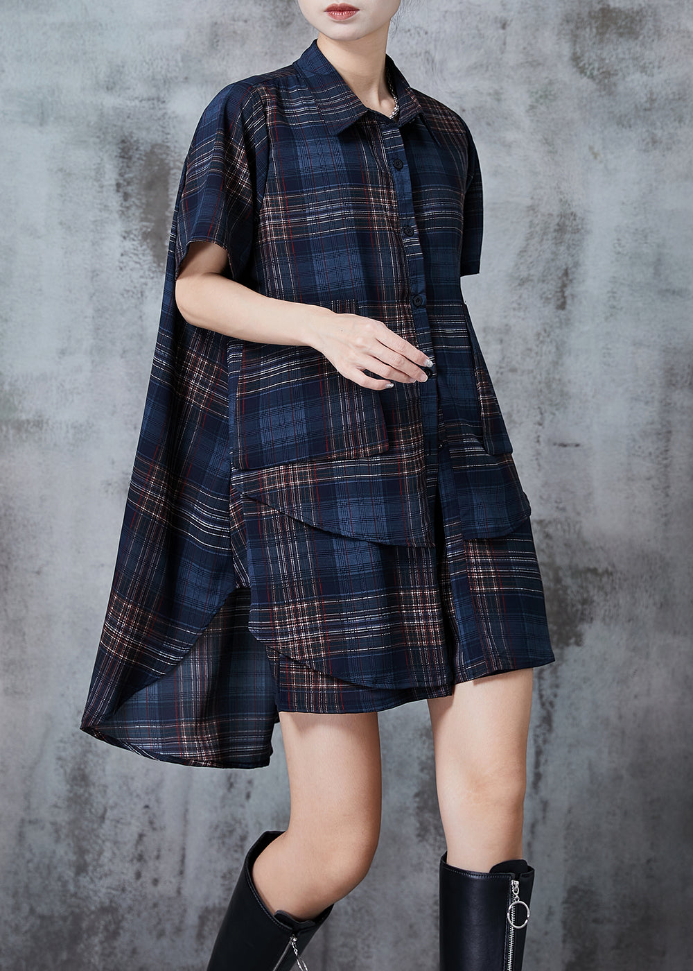 Bohemian Navy Oversized Plaid Chiffon Two Pieces Set Summer