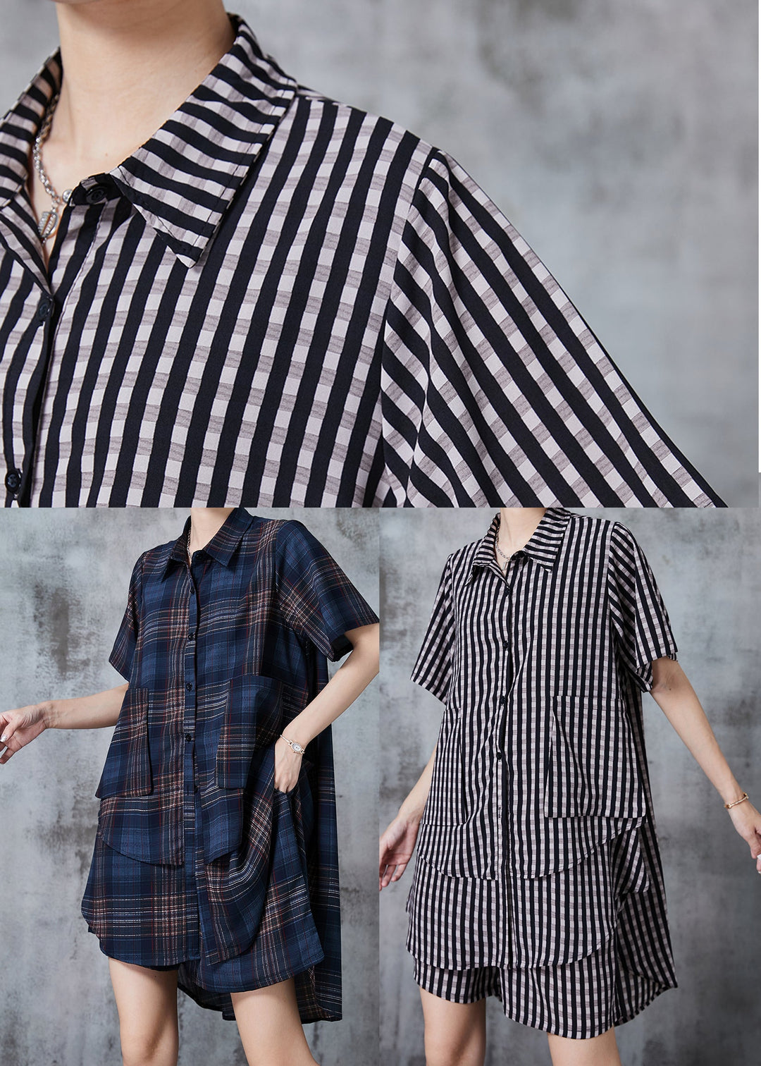 Bohemian Navy Oversized Plaid Chiffon Two Pieces Set Summer