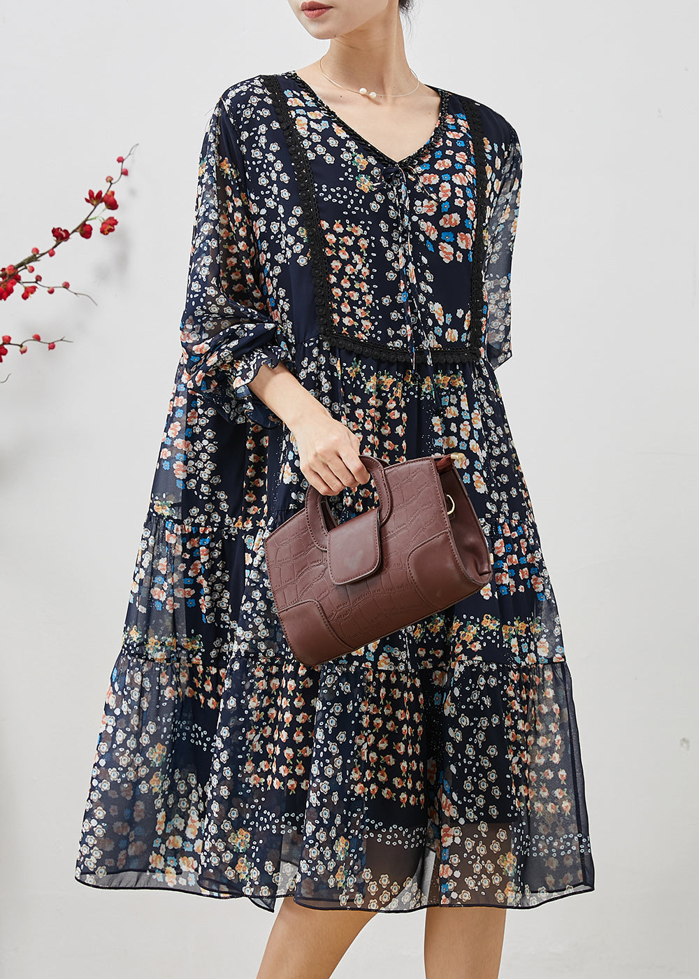 Bohemian Navy Oversized Print Chiffon Mid Dress Summer