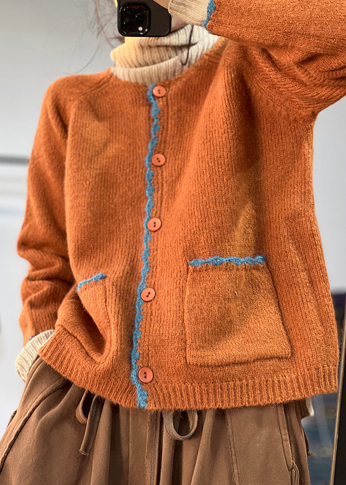 Bohemian Orange Button Pockets Woolen Coats Fall