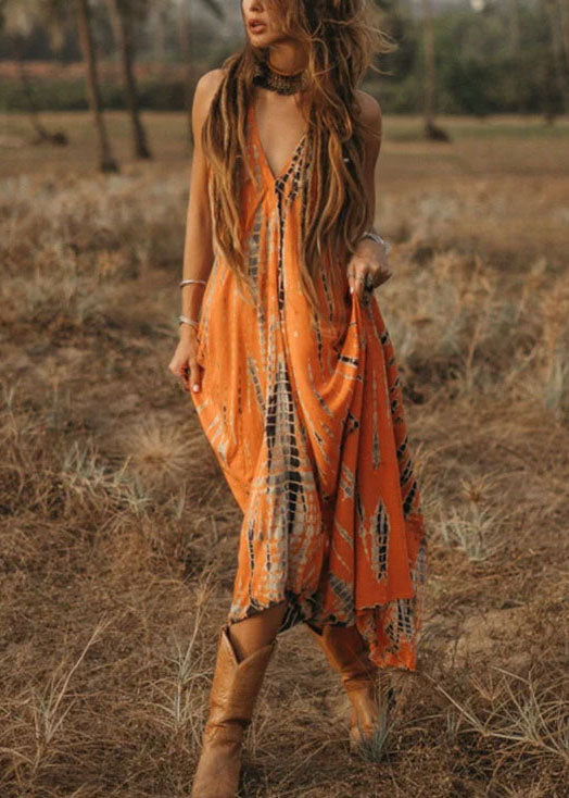 Bohemian Orange V Neck Print Chiffon Spaghetti Strap Dress Summer