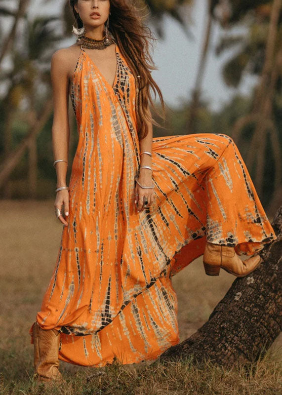 Bohemian Orange V Neck Print Chiffon Spaghetti Strap Dress Summer