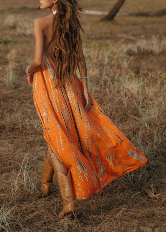 Bohemian Orange V Neck Print Chiffon Spaghetti Strap Dress Summer