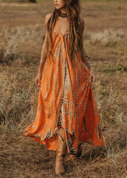 Bohemian Orange V Neck Print Cotton Long Dress Sleeveless