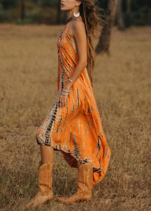 Bohemian Orange V Neck Print Cotton Long Dress Sleeveless