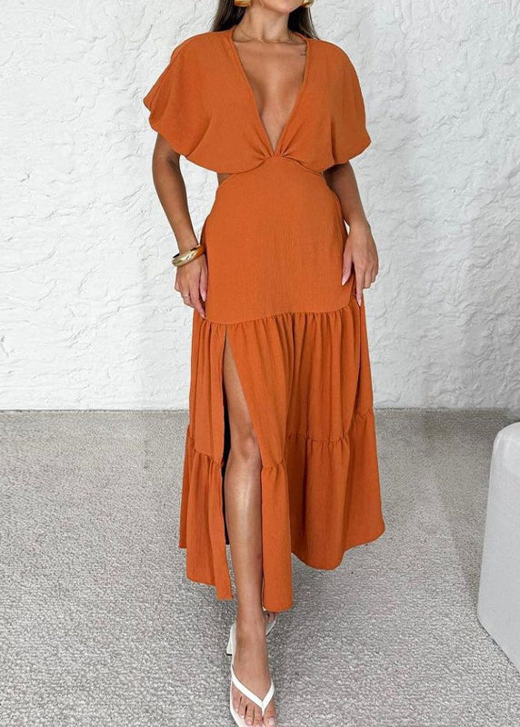 Bohemian Orange V Neck Wrinkled Side Open Cotton Dress Summer