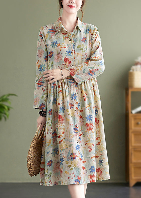 Bohemian Peter Pan Collar Print Wrinkled Cotton Dress Fall