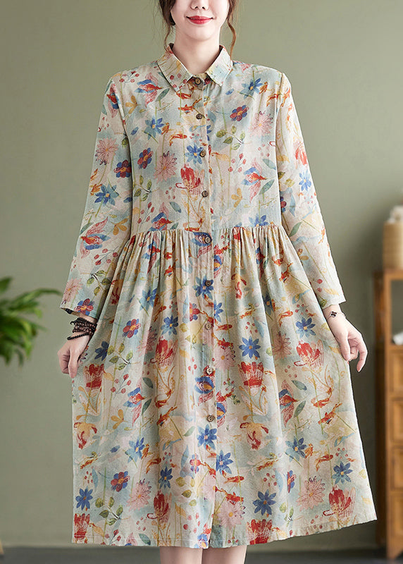 Bohemian Peter Pan Collar Print Wrinkled Cotton Dress Fall