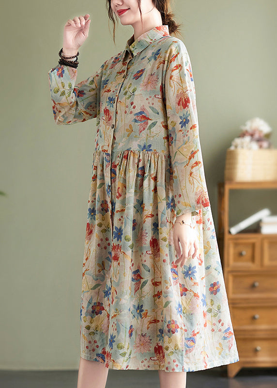 Bohemian Peter Pan Collar Print Wrinkled Cotton Dress Fall